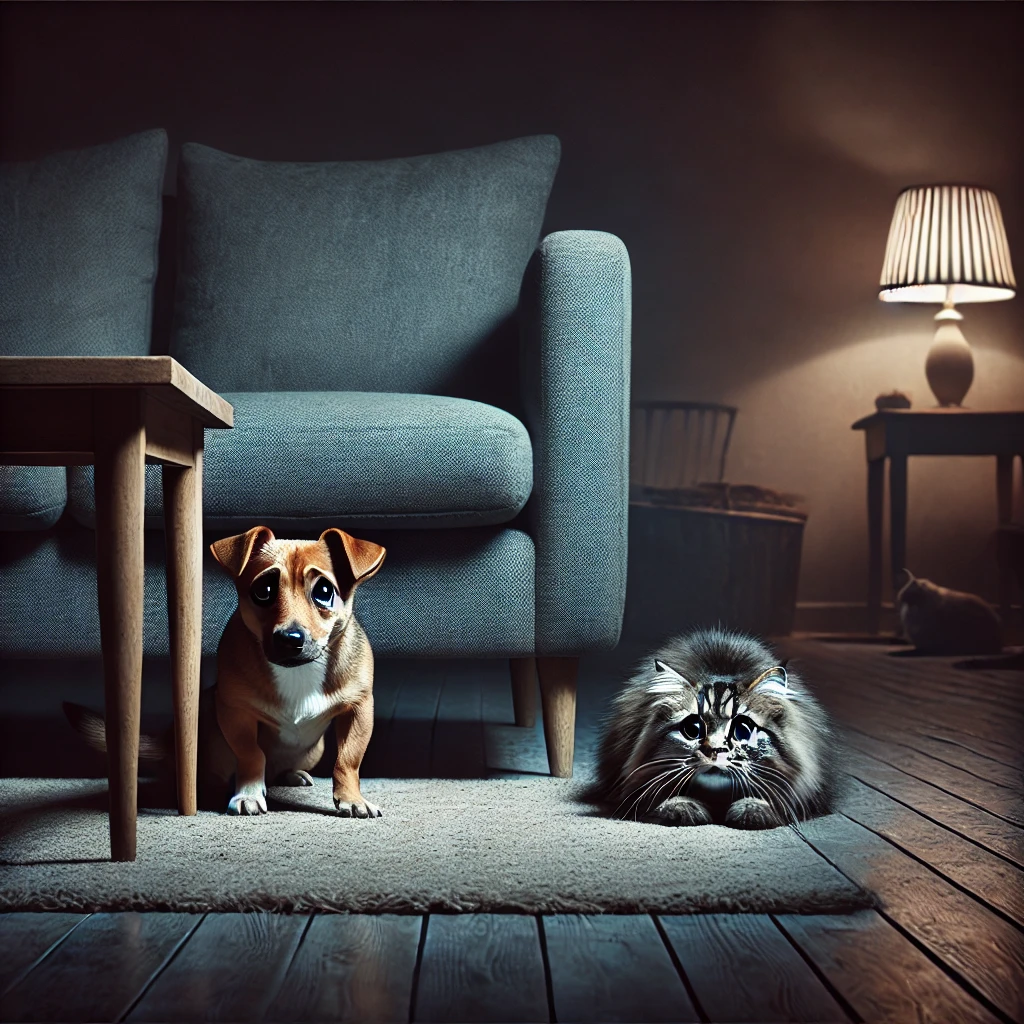 DALL·E 2024 12 08 14.01.41 A scared dog and a frightened cat in a dimly lit living room both hiding behind furniture. The dog is small with wide eyes and its tail tucked betwe – 2