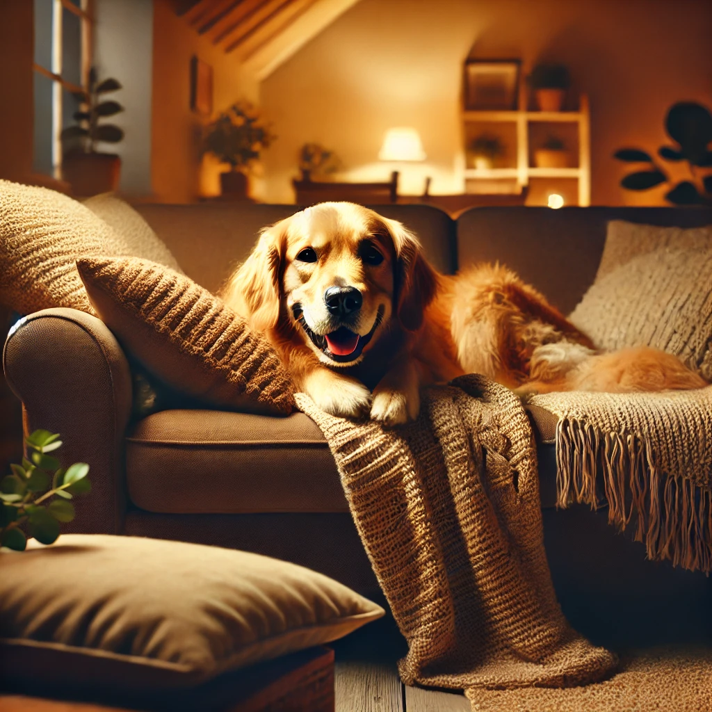 DALL·E 2024 12 08 14.18.37 A serene and comforting scene of a dog resting on its own cozy sofa in a warm peaceful living room. The dog is a golden retriever with soft shiny f 1 – 3